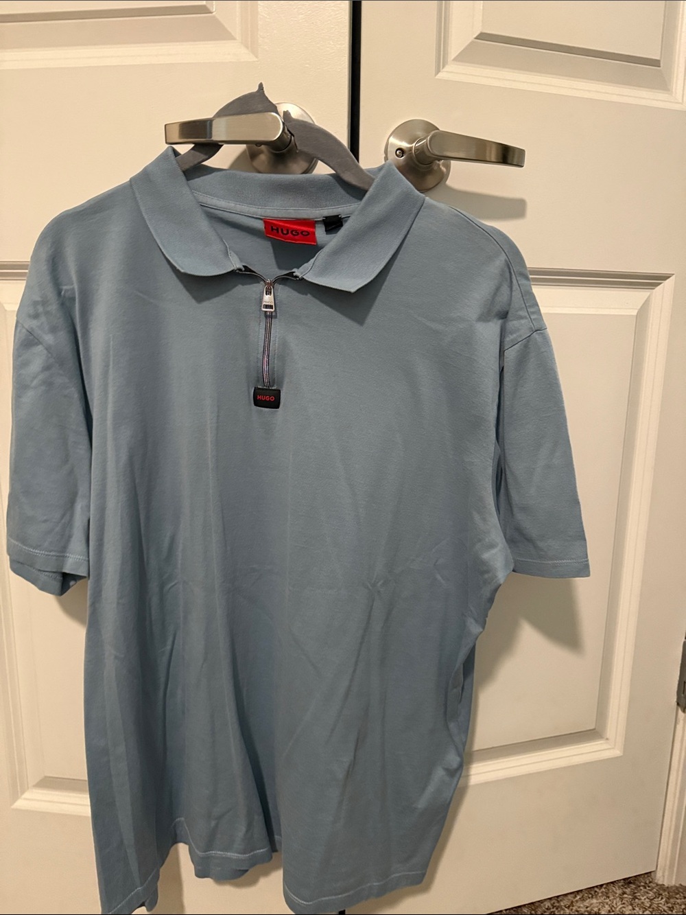 HUGO Pale Blue Short Sleeve Zip Polo